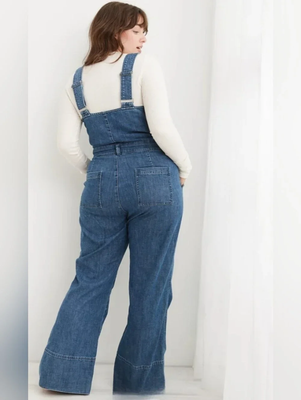 Aerie Medium Blue Button-Front Wide Leg Denim Overalls - Picture 5 of 16